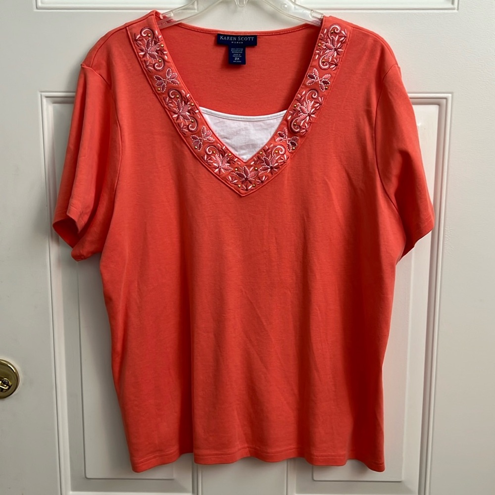 Karen Scott Coral-Colored V-Neck Top with Embellished Neckline. Size:  2X